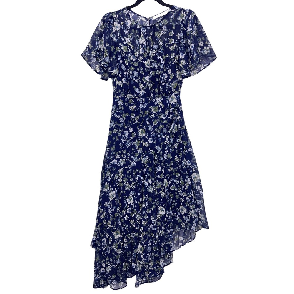 ASTR the Label Navy Blue Floral Asymmetric Ruffle Dress S Metallic Lurex Accent